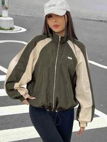 SHEIN EZwear 秋冬季撞色拼接插肩袖抽绳下摆拉链外套 - 軍綠色 - 查看 6