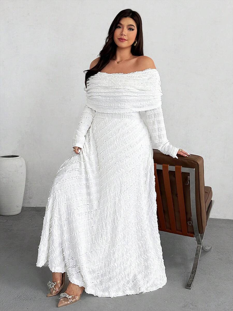 Firerie 大码纯色露肩荷叶边优雅长袖连衣裙 - 白色 - 查看 1