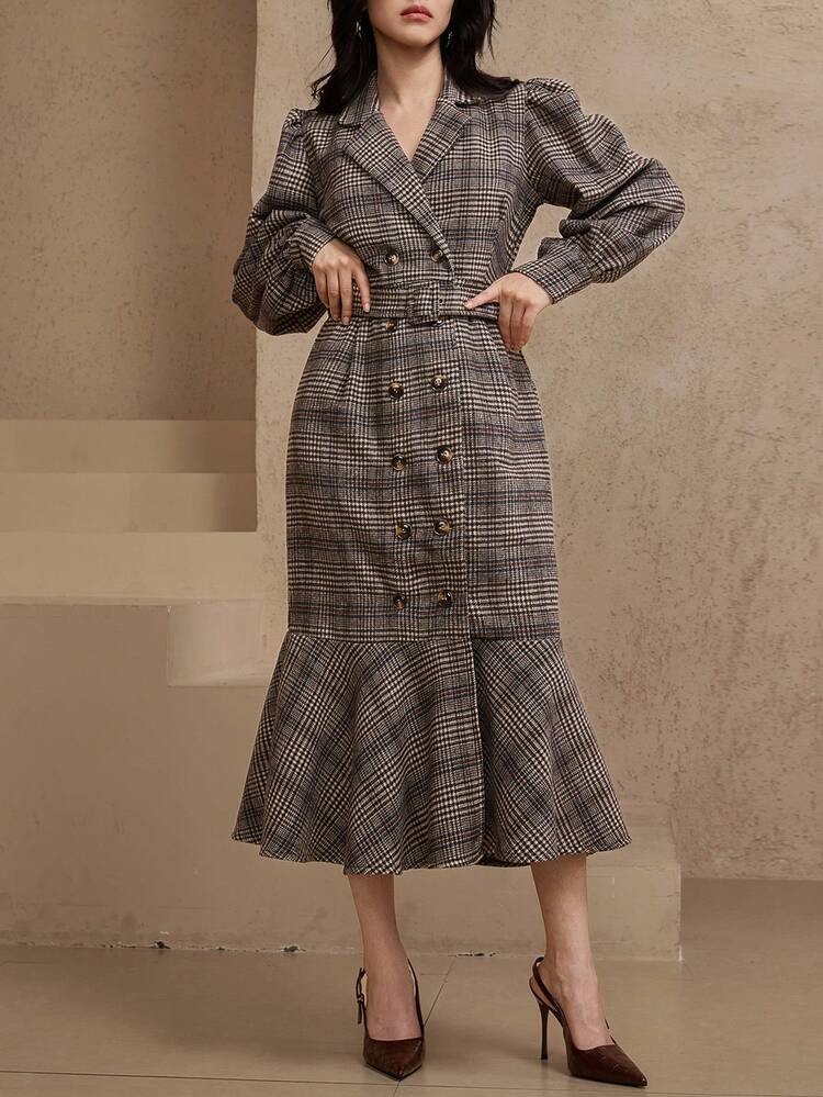 Elegant Plaid Belted Midi Dress With Lapel Collar For Women, Autumn/Winter