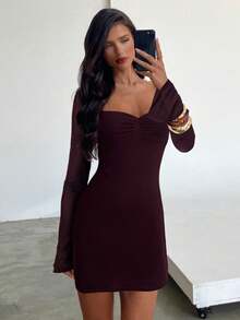 Aloruh Women's Elegant Square Neck Ruched Flare Sleeve Fitted A-Line Mini Dress,Wedding Party Dress,Wedding Guest Dress For Women,Birthday Outfit For Women Valentine's Day Valentine Outfits For Women Valentines Day Dress Spring Outfit Women Elegant Dresses For Party - Burgundy - View 8
