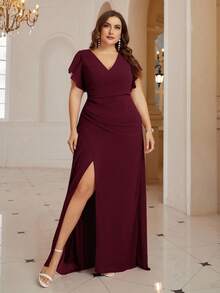 SHEIN Belle Váy phù dâu cỡ lớn, cổ chữ V, xẻ tà cao đến đùi, chất liệu chiffon, màu trơn. - Màu Tím - Xem 7