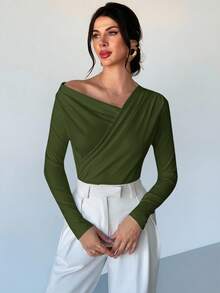 Firerie 女士优雅简约时尚性感日常通勤音乐节度假不对称领口垂褶长袖露脐白色上衣 - 軍綠色 - 查看 3