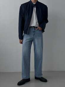 DAZY Quần jeans denim nam màu xanh dương trơn, kiểu dáng cổ điển, thích hợp cho mùa xuân/thu. - Màu xanh lam - Xem 3