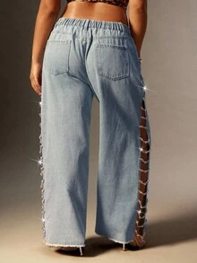 Denimoi 水钻链条开衩中腰阔腿牛仔裤 - 淺色水洗藍 - 查看 4