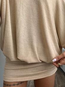 StreetHx 女士时尚露肩薄纱袖连衣裙 - 米色 - 查看 7