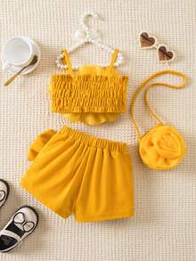 SHEIN 3件套女婴玫红色碎花上衣配斜挎包，可爱优雅印花休闲套装，春夏款 - 黃色 - 查看 2