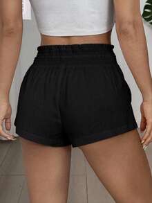 SHEIN EZwear 女士休闲抽绳腰斜插口袋纯色短裤，适合日常通勤和夏季穿着 - 黑色 - 查看 2