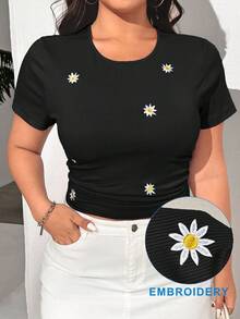 SHEIN EZwear 大码花卉刺绣圆领短袖露脐T恤 - 黑色 - 查看 1