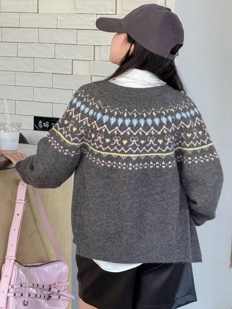 Tween Girls' Casual Geometric Pattern Front Button Cardigan, Autumn/Winter