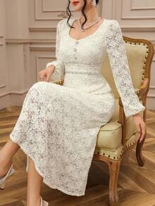 DAZY 高端法式时尚优雅串珠V领长袖仿皮草蕾丝美人鱼连衣裙长款吊带裙 - 米色 - 查看 1