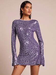Glamine Knitted Fabric Round Neck Mini Dress For Women, All Over Shimmer Print, Pencil Hem, Perfect For Parties. - Purple - View 2