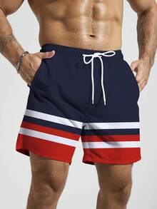 Manfinity Swimmode Pantalones cortos de playa de estilo de vacaciones de verano para hombres con cintura con cordón, bolsillo en diagonal y estampado de rayas de contraste. Bañadores de hombre rojos, blancos y azules - Azul Marino - Ver 5