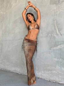 Aloruh 女士三件套比基尼套装，性感优雅浪漫复古梅子色、栗子酒红色，饰有金属装饰，迷你三角罩杯挂脖上衣、迷你丁字裤泳裤和超长纱笼裙，适合度假、海滩穿着，比基尼泳装套装 - 彩色 - 查看 8