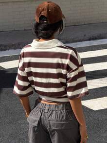 Muchica Áo thun nữ tay ngắn cổ polo kẻ sọc nâu mới, kiểu dáng thời trang, thích hợp đi chơi, phong cách đường phố, Y2K. - Nhiều màu - Xem 2