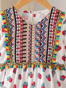 1pc Young Girls' Vintage Floral Rose Print V-Neck Long Sleeve Elastic Waist Maxi Dress, Retro Palace Style, Versatile Middle Eastern Fashion