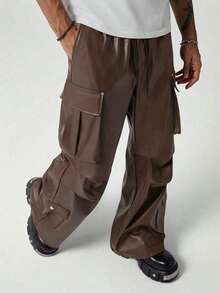 Manfinity EMRG 男士休闲PU抽绳宽松裤 - 咖啡棕 - 查看 3