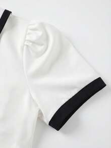 SHEIN Franclia Black & White Contrast Decor Elegant Collared Dress, Collegiate Style For Women Summer Dress Valentines Day Dress Beach Dress Party Dresses Wedding Guest Dress Elegant Dresses Vacation Outfits Women Floral Dress White Dress Chinese Standing Collar Dress Holiday Dress Casual Dress Graphic Dress - Black and White - View 7