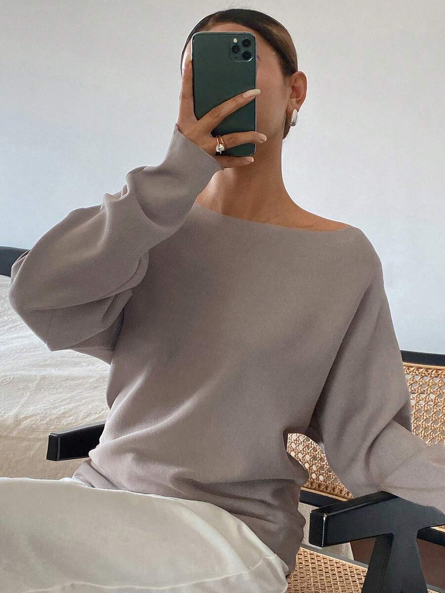 DAZY 女士纯色修身船领半袖休闲优雅针织上衣，秋冬款 - 巧克力棕 - 查看 1