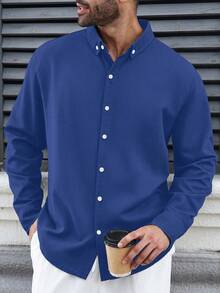 Manfinity Homme Plus Size Men's Solid Color Front Button Stand Collar Long Sleeve Business Shirt - Royal Blue - View 3