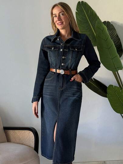 Vivie Lora Robe en jean délavé à manches longues, col rond et ourlet fendu pour femmes