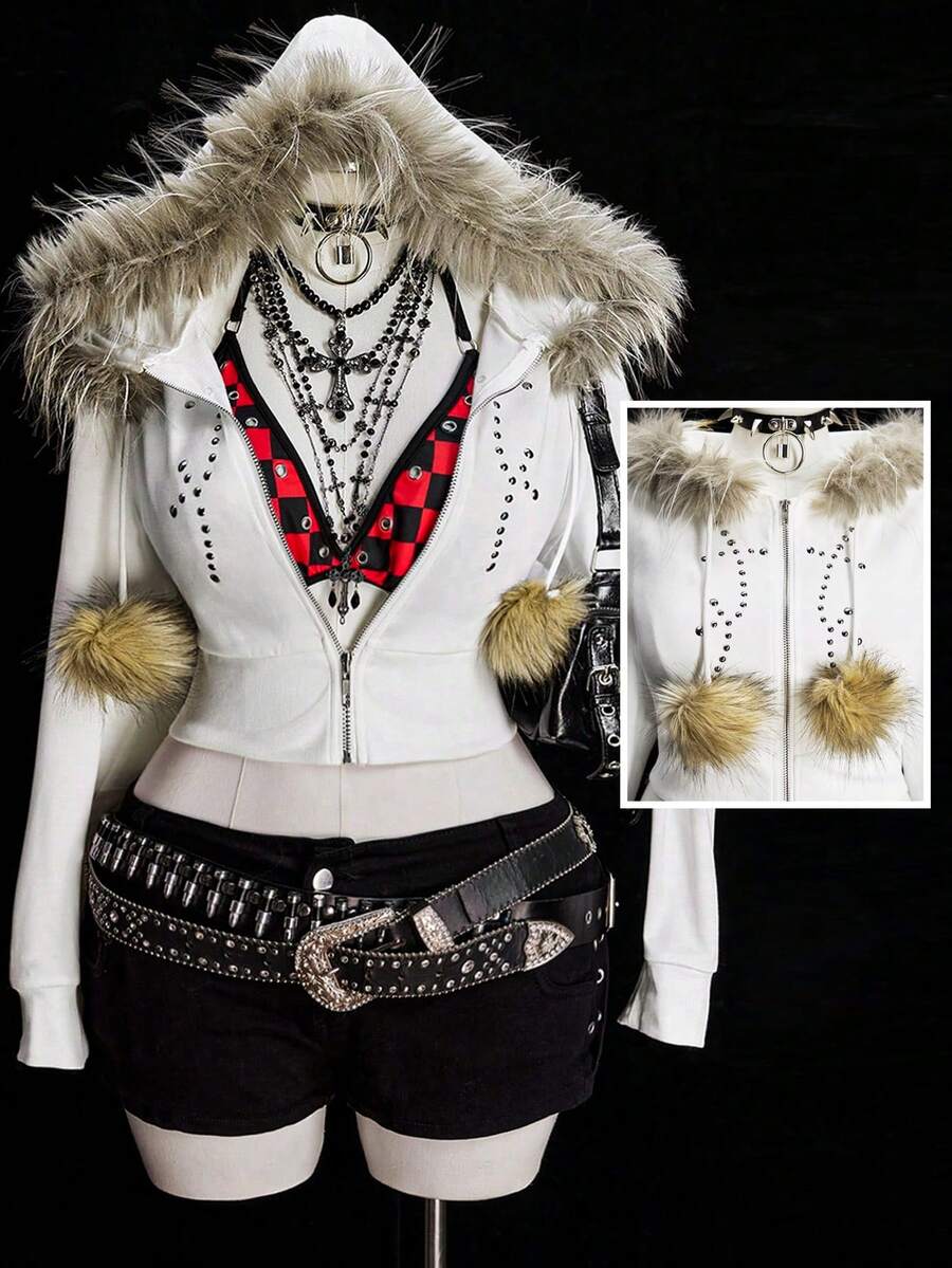 Sunspun Plus Size Chic Furry Cropped Long Sleeve Sweatshirt - White - View 1