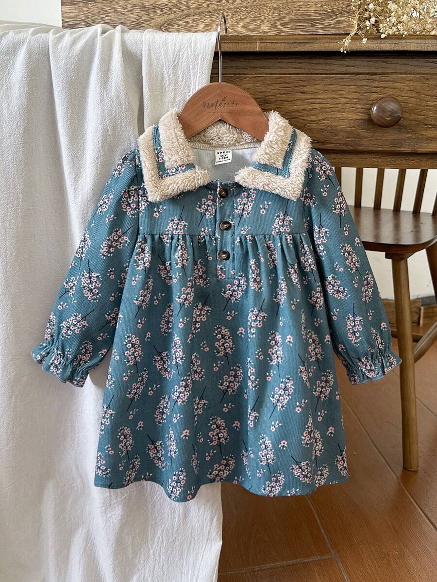 Vintaside Kids 女婴秋冬季保暖内衬翻领长袖数码印花灯芯绒连衣裙,时尚舒适,适合休闲、户外活动、朋友聚会等场合。 - 藏蓝色 - 查看 1