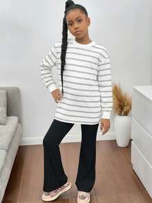 SHEIN Tween Girls' Casual Striped Crew Neck Pullover Sweatshirt - Grey - View 4