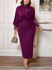 Firerie Vestido de manga larga con pliegues en la cintura y adornos de strass, elegante y de talla grande, para otoño - Rojo violeta - Ver 4