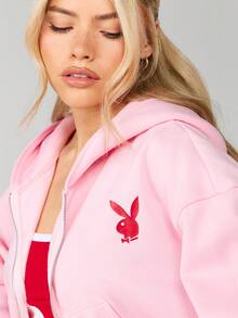 Missguided x Playboy Áo hoodie dáng rộng, khóa kéo, điểm nhấn là họa tiết trái tim và logo thỏ, thích hợp cho phong cách thời trang đường phố thường ngày. - Hồng - Xem 6