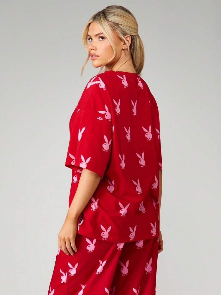 Missguided x Playboy Oversized T-Shirt mit Hasen-Aufdruck, kurze Ärmel und Rundhalsausschnitt für lässige Sommer- und Frühjahrs-Freizeitkleidung