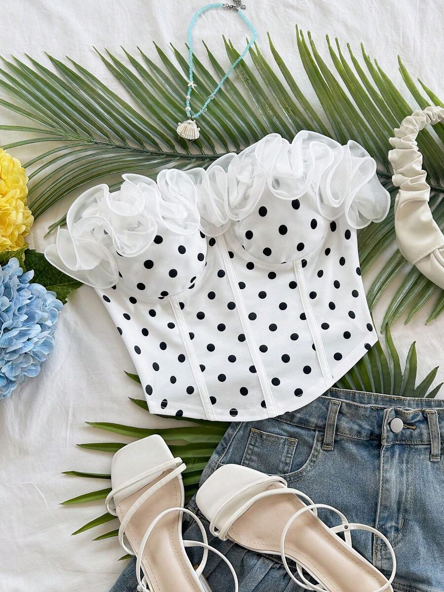 Soleia Romantic Sexy Ruffle Trim Fitted Tube Top, Suitable For Holiday, Date Night, Valentine's Day, Afternoon Tea - White - View 1