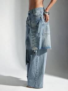 Denimoi Baggy Fit Distressed Frayed Hem Overlapping Denim Jeans - Light Wash - View 6