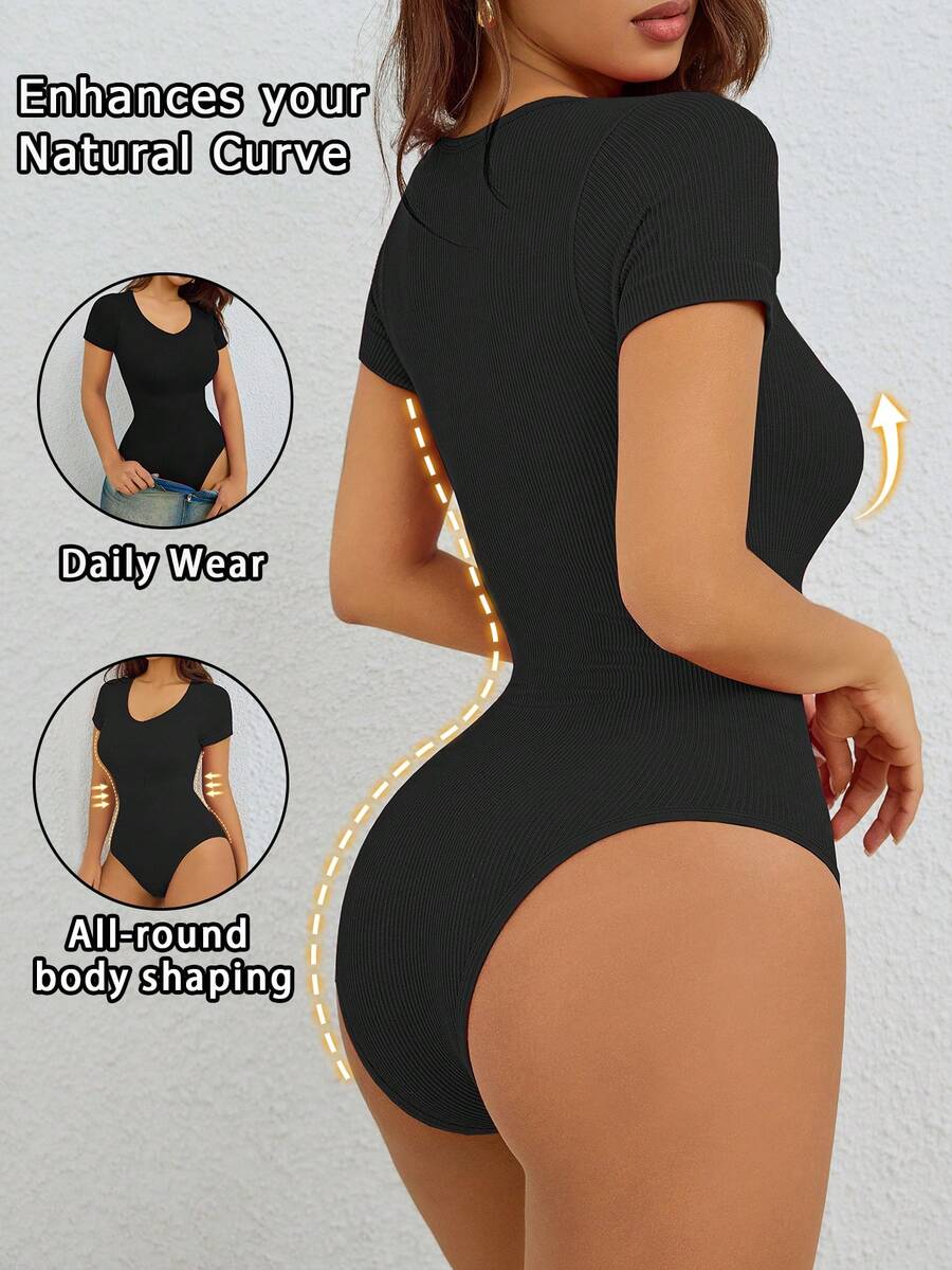 Women Casual Solid Color V-Neck T-Shirt Body Suit , Briefs With Buckle Design ,Ribbed Tummy Control Seamless Bodysuit - Black - View 1