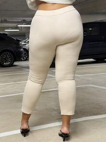 MelDlgn Plus Size Women Solid Color Split Hem Slim Fit Daily Office Pants - Apricot - View 2