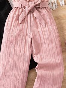 SHEIN 2pcs/Set Girls Textured Fabric Straight Leg Pants, Pink & Black, Comfortable Casual Everyday Wear - Multicolor - View 5