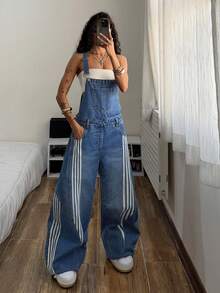 SHEIN Women's Striped Print Pocket Loose Denim Bib Jumpsuit - Dark Wash - View 4