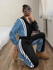 StreetHx Women's Color Block Regular Shoulder Long Sleeve Hooded Casual Waist Drawstring Denim Jumpsuit - Multicolor - View 8