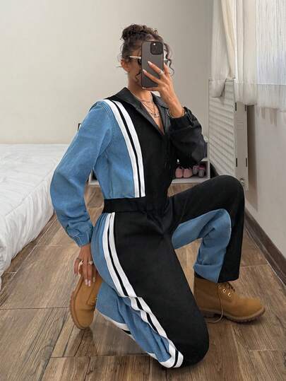 SHEIN Damjumpsuit med färgblock, vanlig axel och långärmad huva, avslappnad midja och dragsko i denim