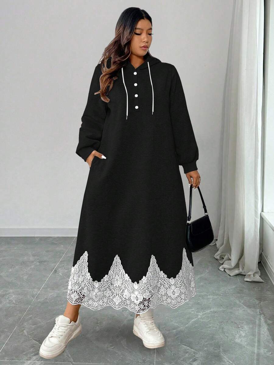 Elenzga 大码女式法式休闲印花长款卫衣连衣裙 穆斯林女式连衣裙 长款连帽连衣裙 端庄长袖连衣裙 女式连衣裙 长袖长款休闲连衣裙 - 黑色 - 查看 1