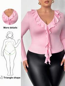 Truni Plus Size Women's Fitted Long Sleeve T-Shirt With Ruffle Collar Detail/Autumn /Winter - Pink - View 1