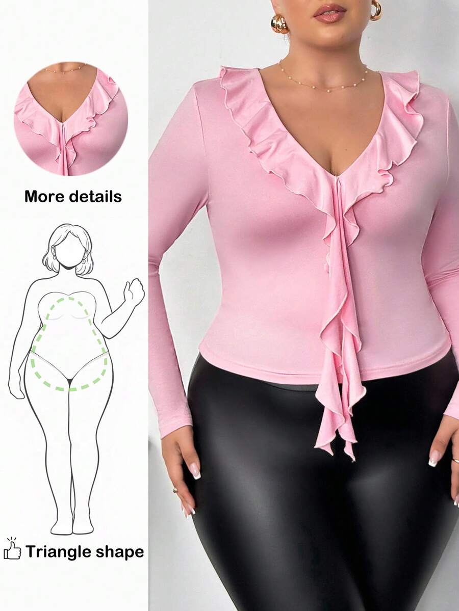 Truni Plus Size Women's Fitted Long Sleeve T-Shirt With Ruffle Collar Detail/Autumn /Winter - Pink - View 1