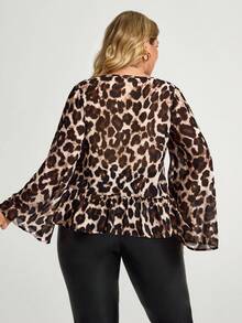 Truni Fall Clothes For Women,WinterPlus Size Women Leopard Print Tie Front Flare Sleeve Fashionable T-Shirt, Leopard Print - Brown - View 2