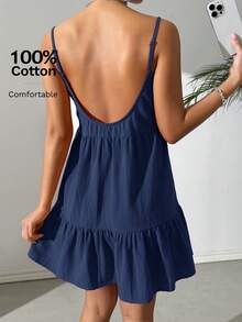 SHEIN EZwear 夏季性感海军蓝露背细肩带飘逸吊带连衣裙