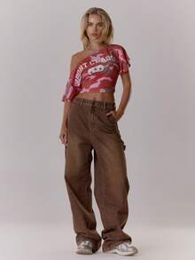 MUSERA Áo thun ôm dáng cổ lệch, họa tiết rằn ri, phong cách đường phố cá tính, thích hợp mặc hàng ngày vào mùa thu, năm 1997, các lễ hội mùa thu, lễ hội hóa trang, mùa xuân, mùa hè, lễ Phục sinh. - Hồng - Xem 4