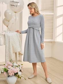 SHEIN Maternity Wrap Front 2-In-1 Long Sleeve Nursing Dress - Grey - View 1