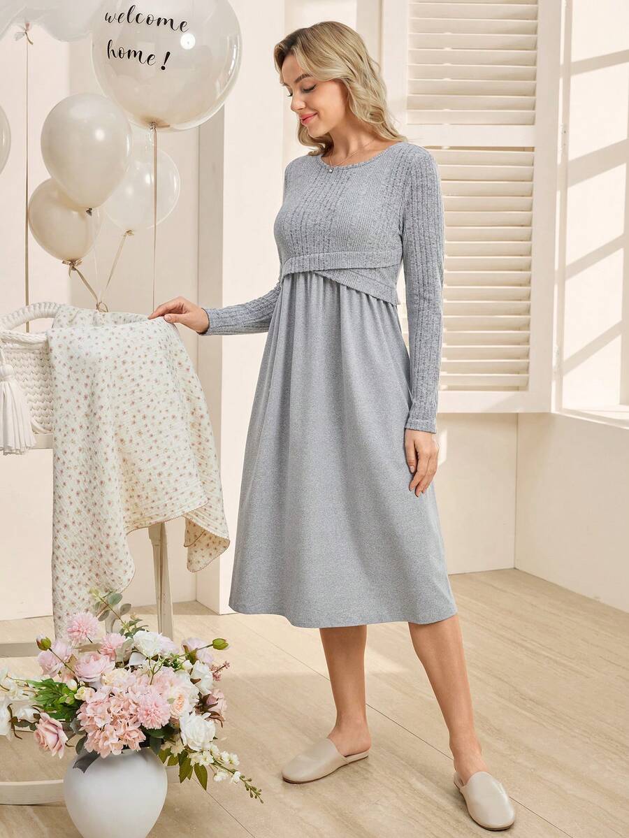 SHEIN Maternity Wrap Front 2-In-1 Long Sleeve Nursing Dress - Grey - View 1