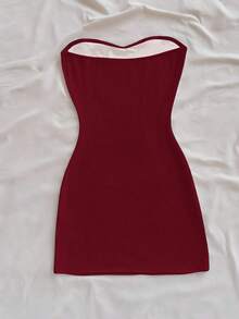 INAWLY Women's Summer Vacation Style Lily Flower Print Fitted Tube Dress - Burgundy - View 2