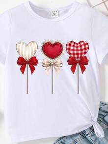 SHEIN Áo thun ngắn tay in hình trái tim cho bé gái, áo trắng in hình trái tim và kẹo mút sáng tạo, kiểu áo đa năng cho mùa xuân/hè. - trắng - Xem 7