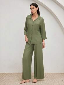 Ocili Women Soft Viscose & Cotton Blend Collared Mid-Sleeve 3/4 Pants Pajama Set With Shell Buttons, Comfortable Homewear, Chic Autumn - Green - View 2