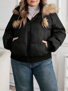 SHEIN CURVE+ Plus Size Women's Casual Patch Fluffy Drawstring Fluffy Canopy Decoration Zipper Hooded Padded Coat, Winter - Black - View 9